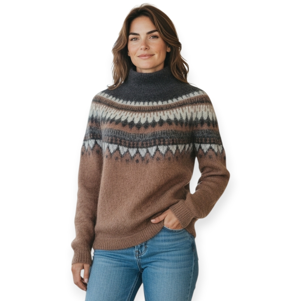 Mohair Wool Blend Boho Pattern Mock Neck Sweater Brown Relaxed Fit Small